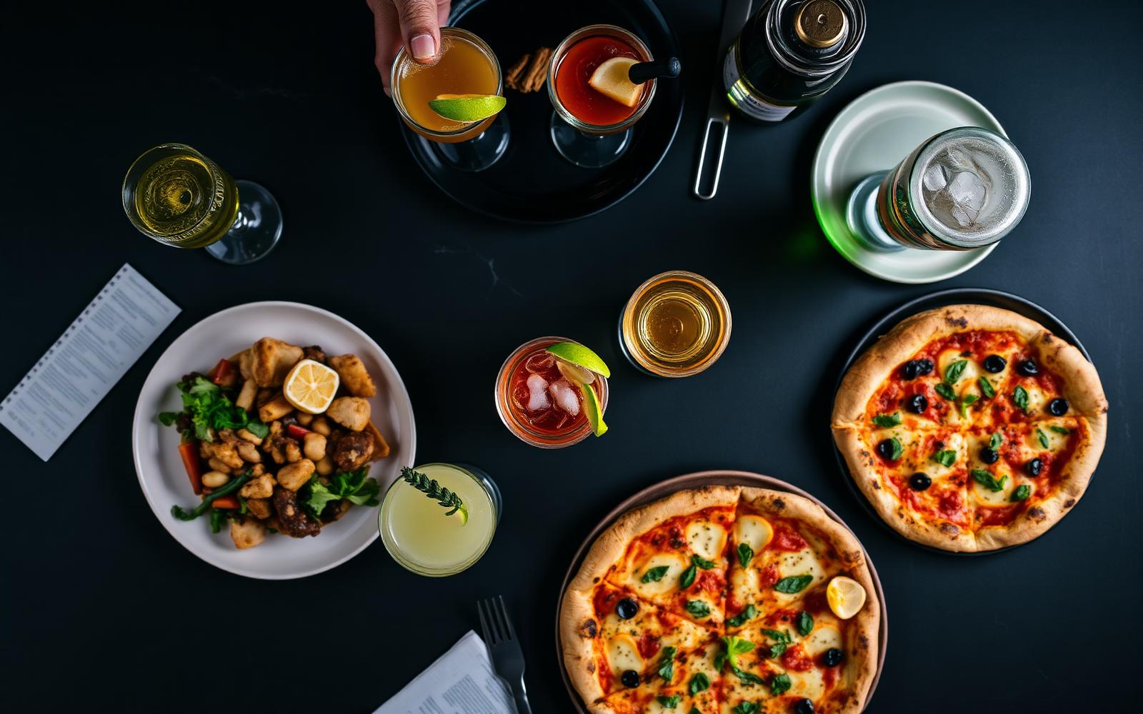 Stone-baked pizzas, loaded fries and cocktails on a dark table