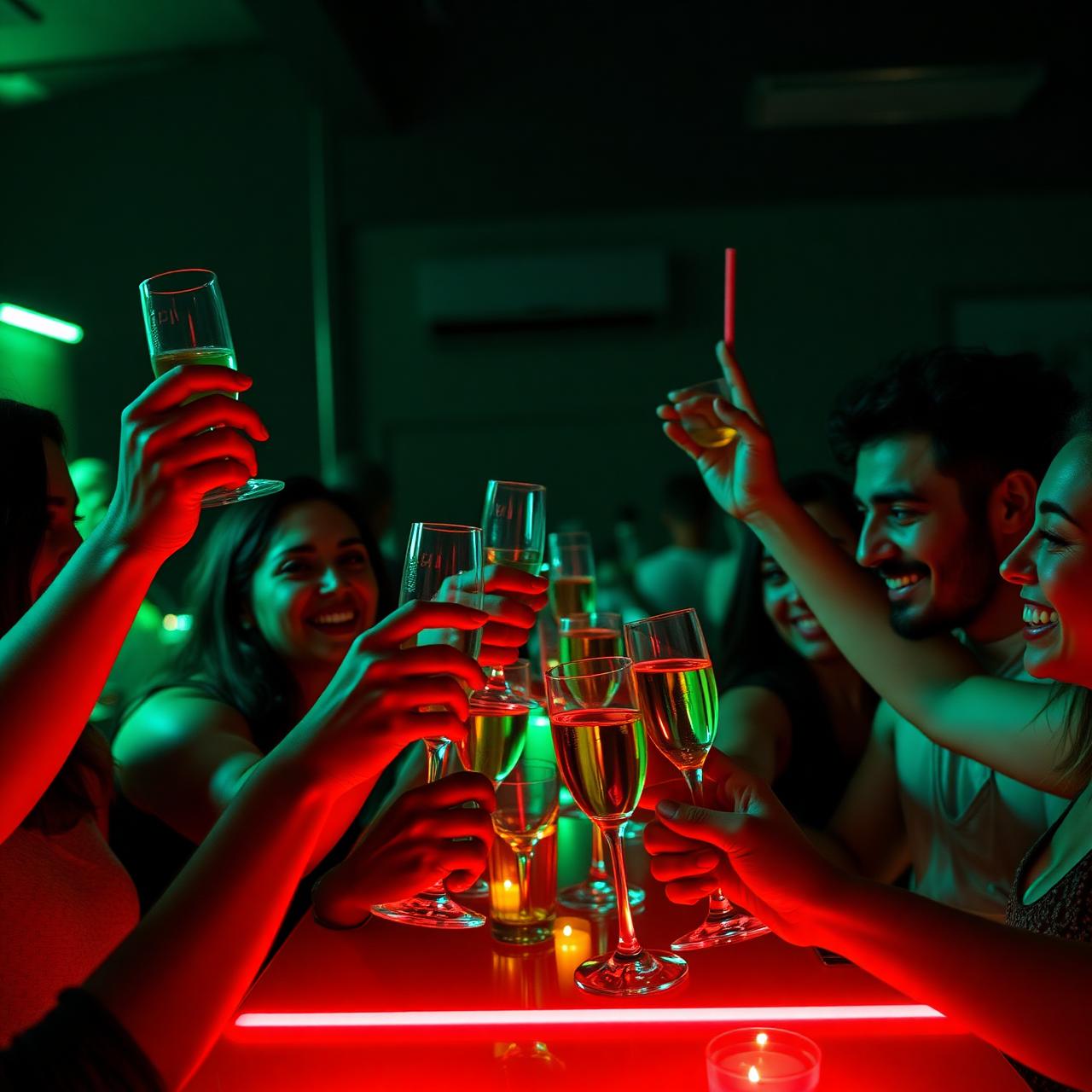 Group of adults celebrating with drinks raised
