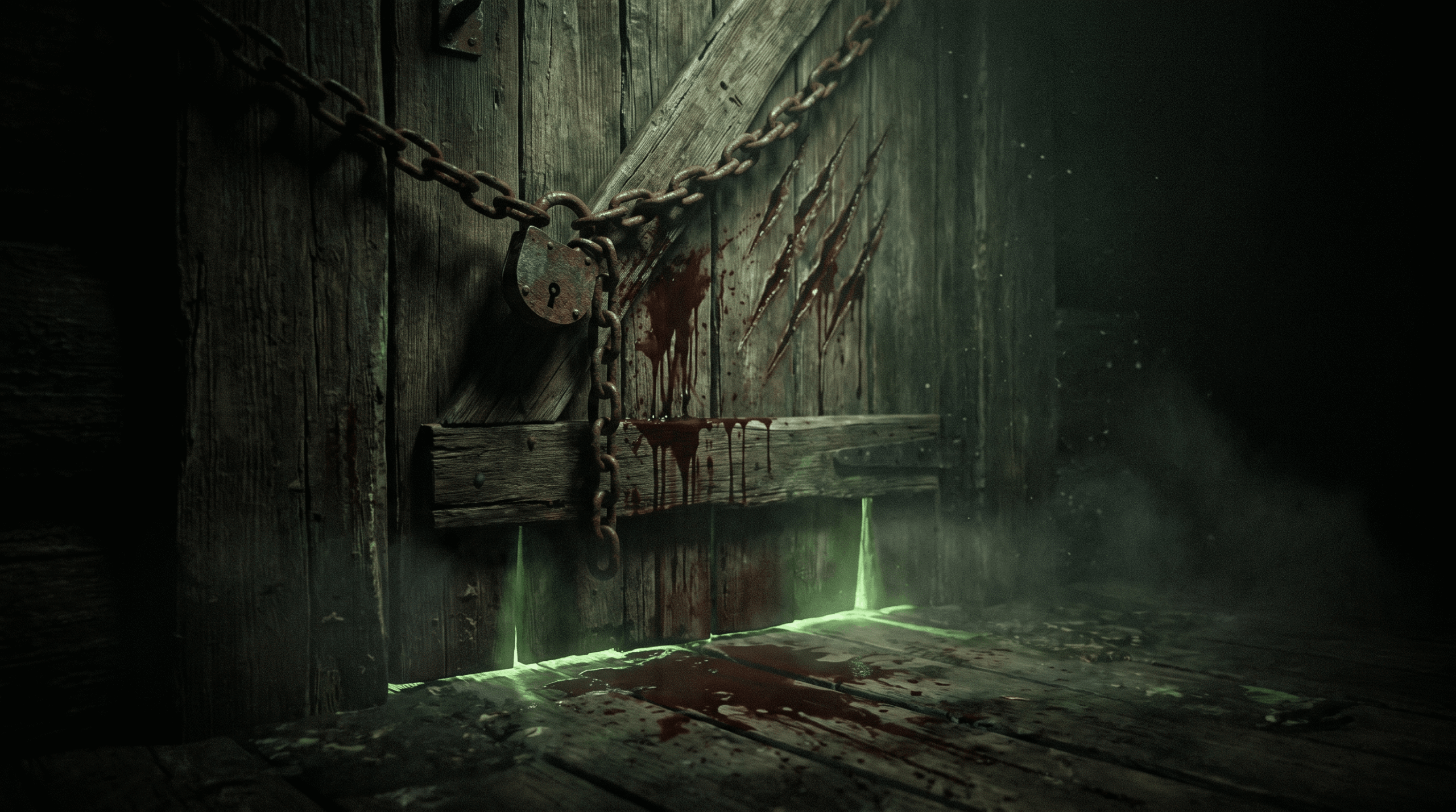 Chained and bloodied cabin door