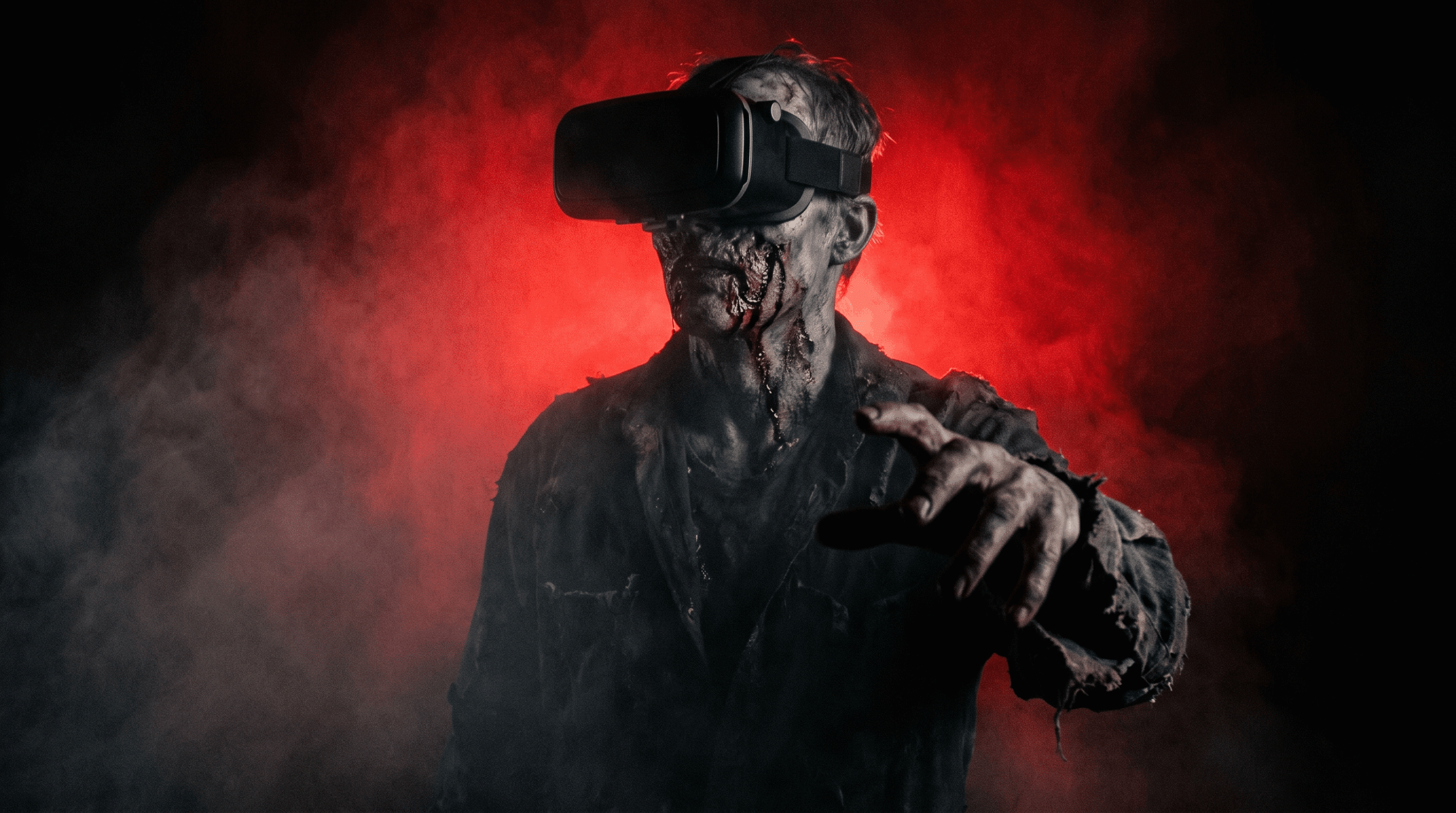 Figure wearing a VR headset in the dark